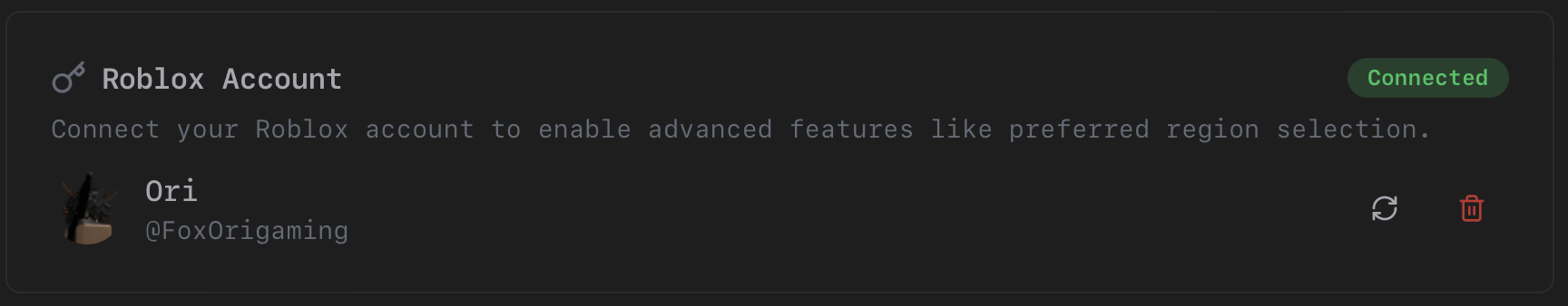 Account page when connected