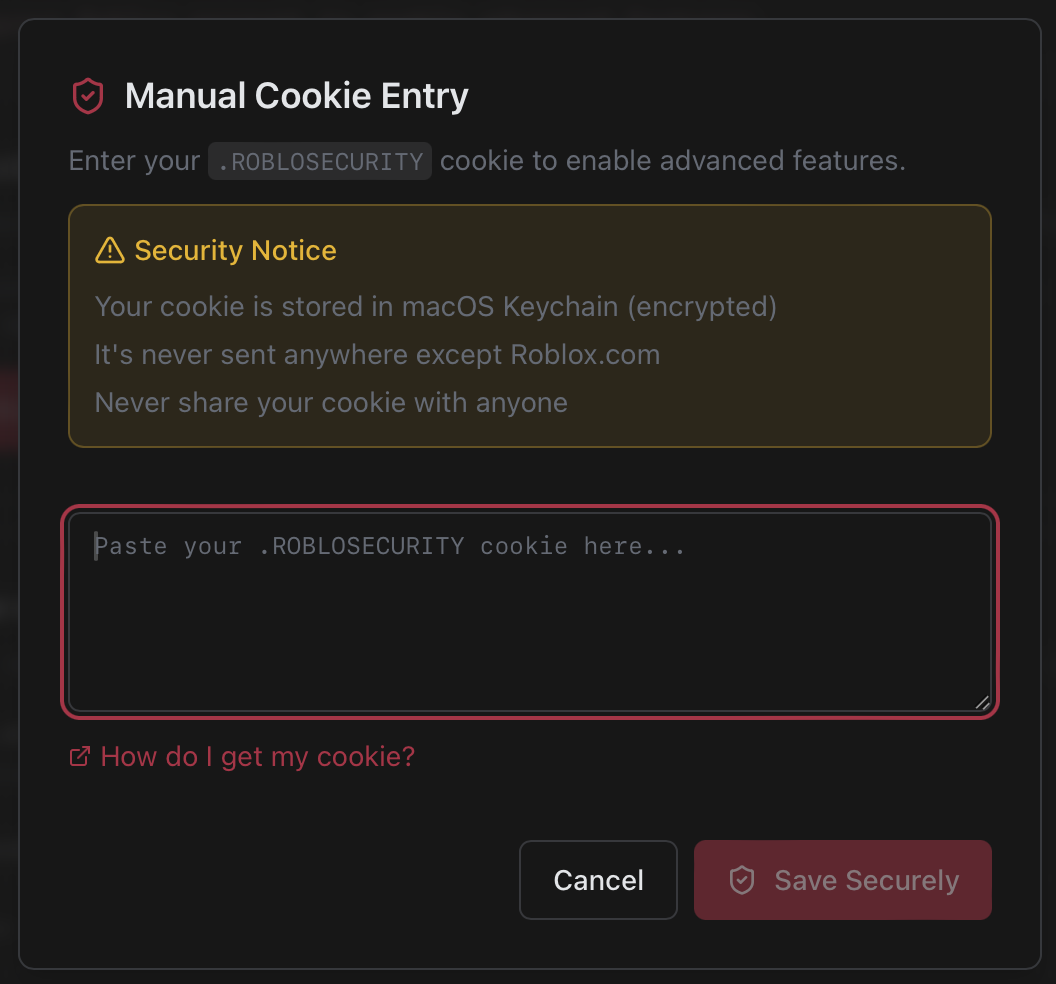 Manual cookie entry dialog