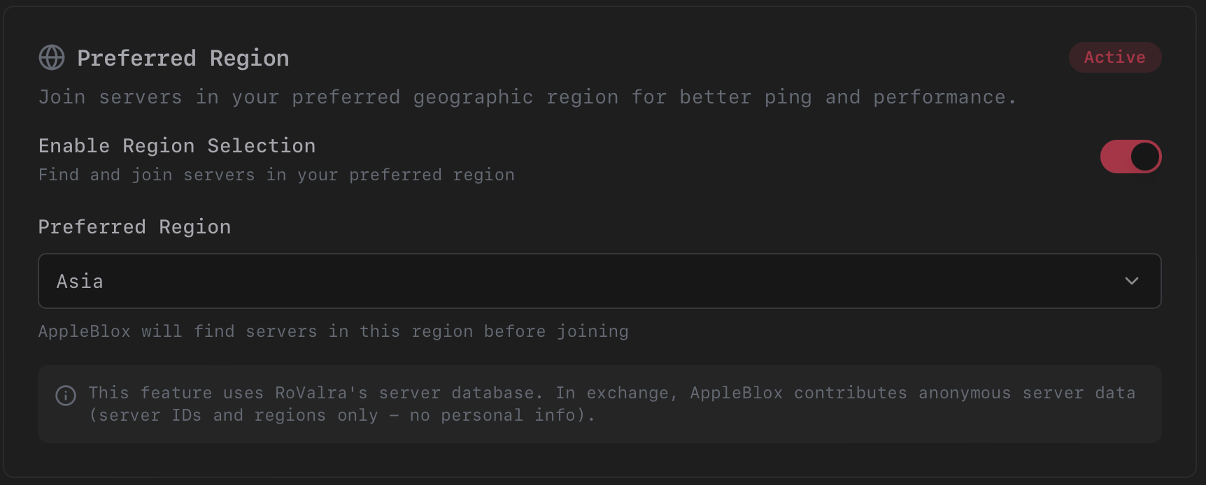 Region selection panel on the Account page