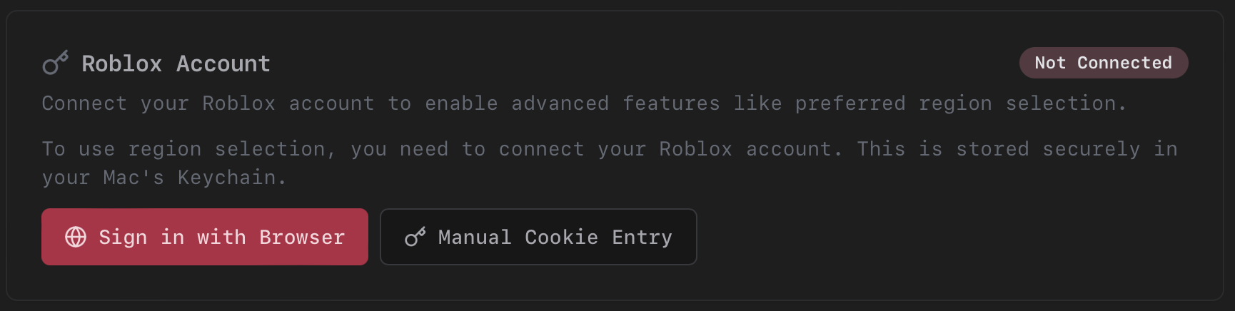 Account page showing connection options