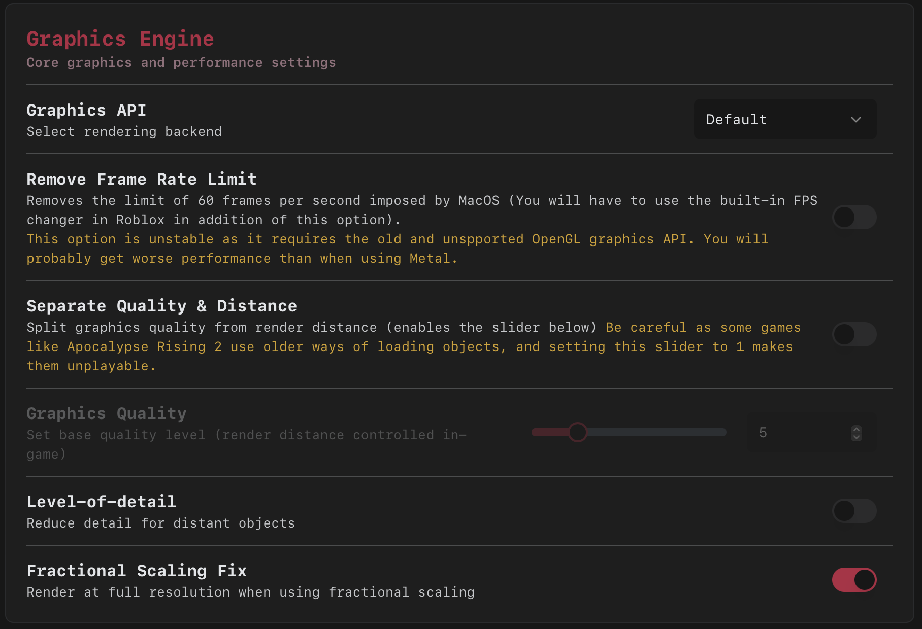 Engine page preset settings