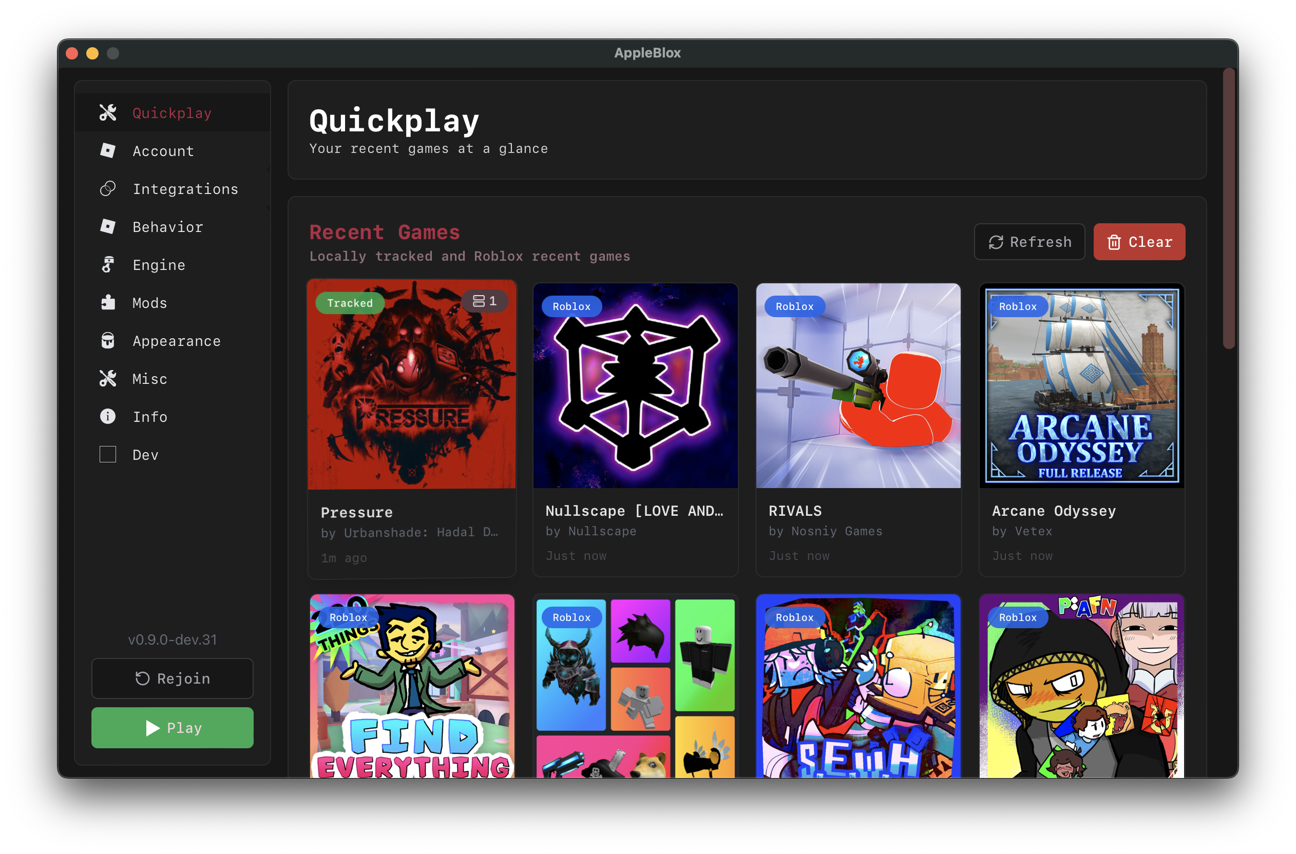 AppleBlox main window showing the Quickplay page