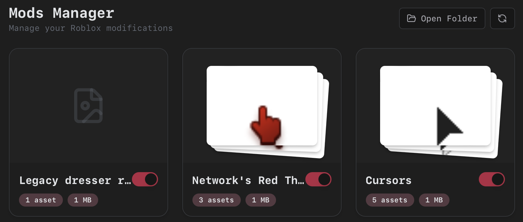 Mods page with mod cards
